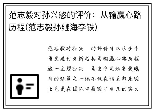 范志毅对孙兴慜的评价：从输赢心路历程(范志毅孙继海李铁)