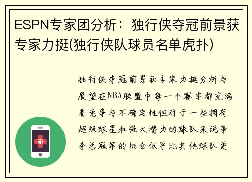 ESPN专家团分析：独行侠夺冠前景获专家力挺(独行侠队球员名单虎扑)