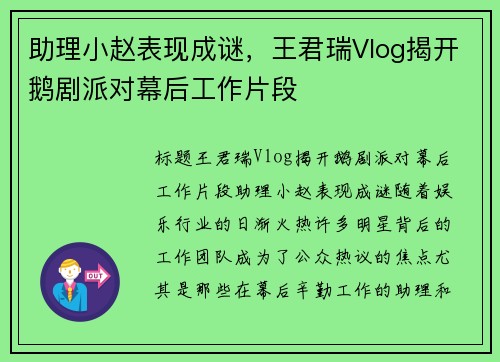 助理小赵表现成谜，王君瑞Vlog揭开鹅剧派对幕后工作片段