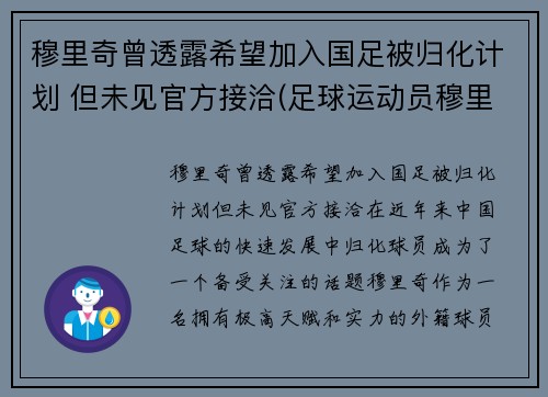 穆里奇曾透露希望加入国足被归化计划 但未见官方接洽(足球运动员穆里奇)