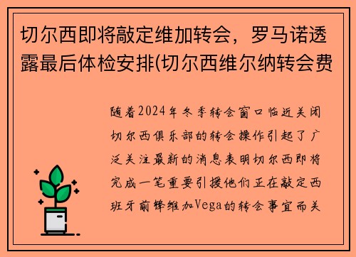 切尔西即将敲定维加转会，罗马诺透露最后体检安排(切尔西维尔纳转会费)