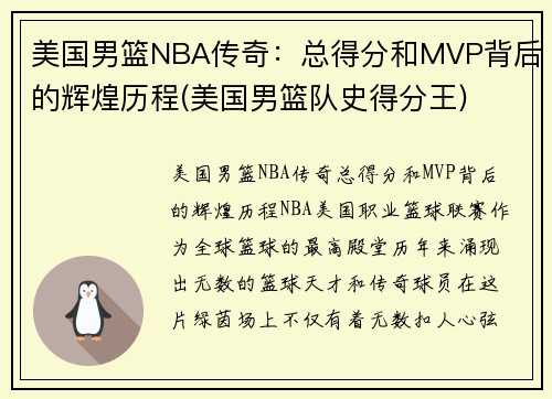 美国男篮NBA传奇：总得分和MVP背后的辉煌历程(美国男篮队史得分王)
