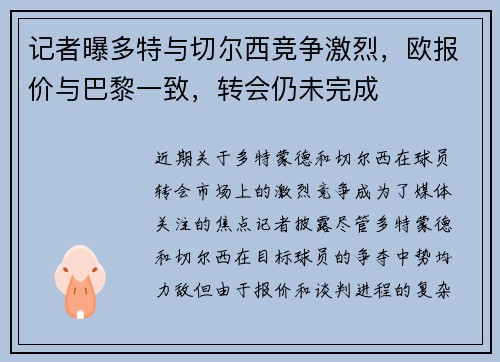 记者曝多特与切尔西竞争激烈，欧报价与巴黎一致，转会仍未完成