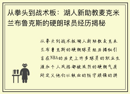 从拳头到战术板：湖人新助教麦克米兰布鲁克斯的硬朗球员经历揭秘