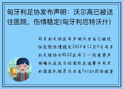 匈牙利足协发布声明：沃尔高已被送往医院，伤情稳定(匈牙利厄特沃什)