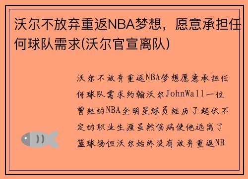 沃尔不放弃重返NBA梦想，愿意承担任何球队需求(沃尔官宣离队)