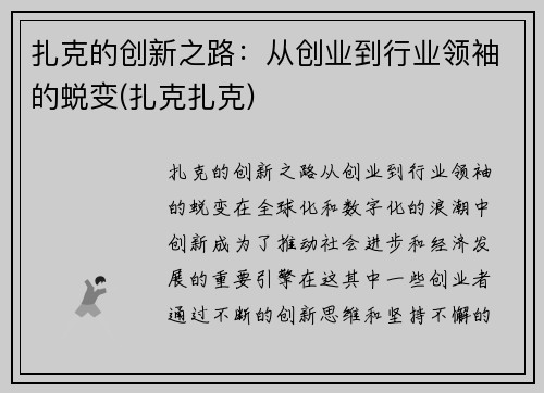 扎克的创新之路：从创业到行业领袖的蜕变(扎克扎克)