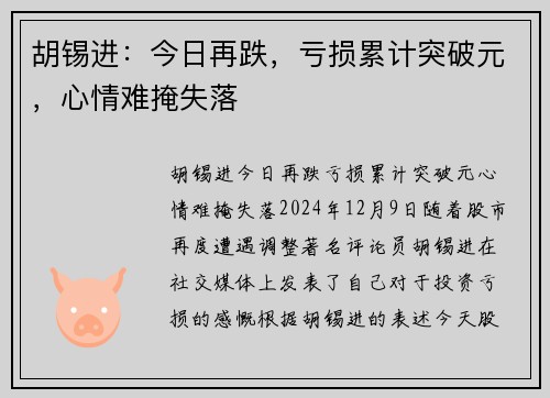 胡锡进：今日再跌，亏损累计突破元，心情难掩失落