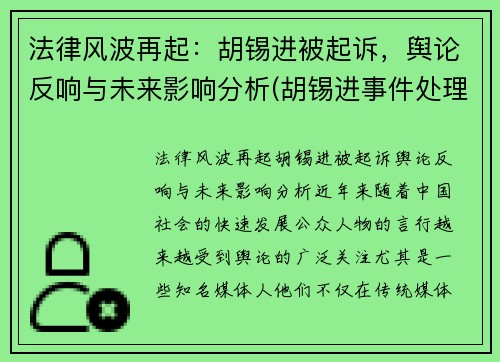 法律风波再起:胡锡进被起诉,舆论反响与未来影响分析(胡锡进事件处理结果)