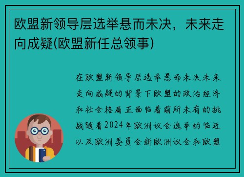 欧盟新领导层选举悬而未决,未来走向成疑(欧盟新任总领事)