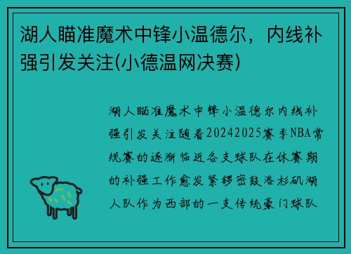 湖人瞄准魔术中锋小温德尔，内线补强引发关注(小德温网决赛)