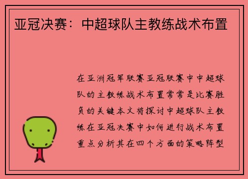 亚冠决赛：中超球队主教练战术布置