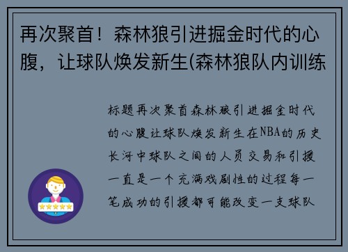 再次聚首！森林狼引进掘金时代的心腹，让球队焕发新生(森林狼队内训练事件)