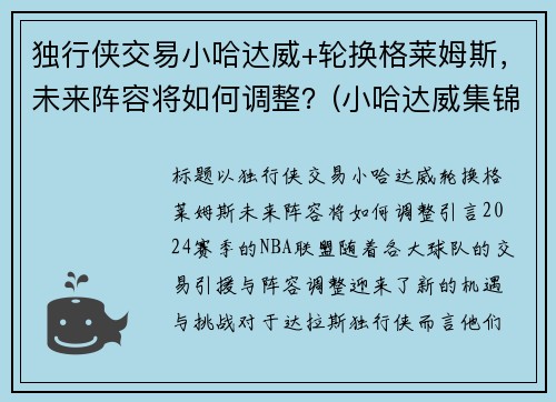 独行侠交易小哈达威+轮换格莱姆斯，未来阵容将如何调整？(小哈达威集锦)