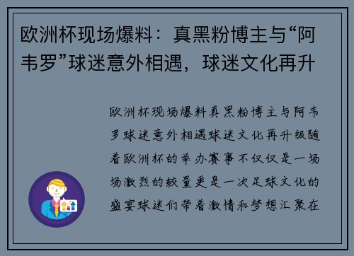 欧洲杯现场爆料：真黑粉博主与“阿韦罗”球迷意外相遇，球迷文化再升级
